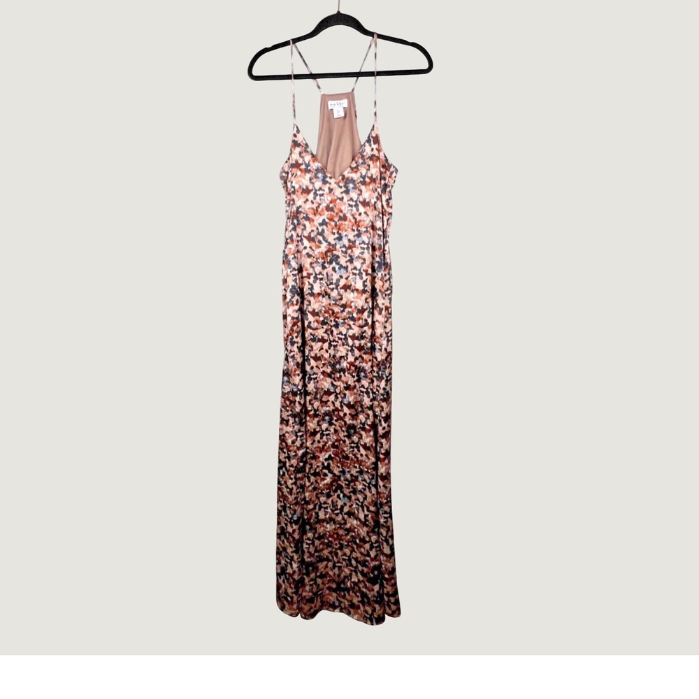 Nicole Miller Maxi Dress S Brown Abstract Animal Print Satin Racerback Shelf Bra